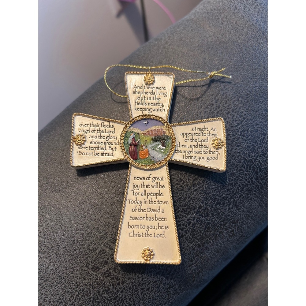 Roman Inc 2002 Christmas Cross Ornament Shepherds Luke 2 Scripture Gold Trim
